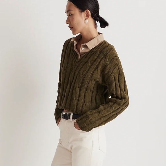 Madewell Cable-Knit V-Neck Crop Sweater loden green - Picture 2 of 4